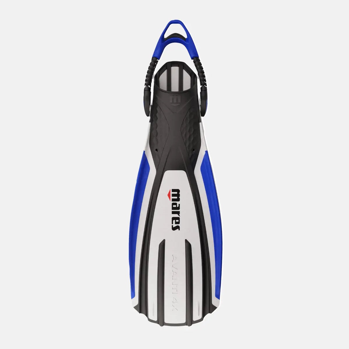 Diving fin with blue and black design on a white background